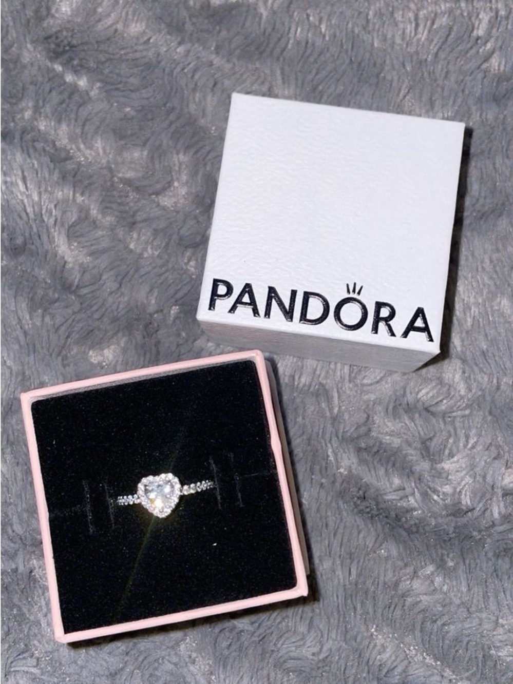 Pandora Silver Heart Ring with Clear Stones in Pink Box